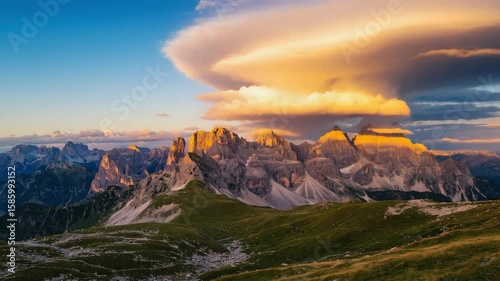 Mountain landscape with dramatic clouds at sunset. The scene features rugged peaks and lush green valleys under a colorful sky.