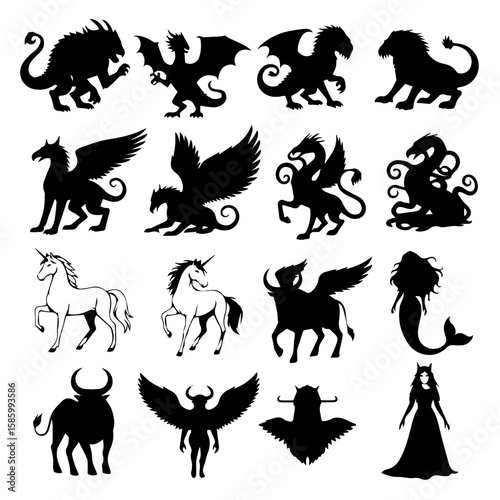 Collection of mythical creatures and fantasy beasts in black and white silhouettes