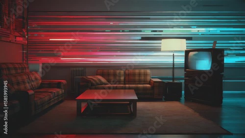 A retro living room with two brown sofas, a wooden coffee table, and an old television. The background features colorful light streaks.