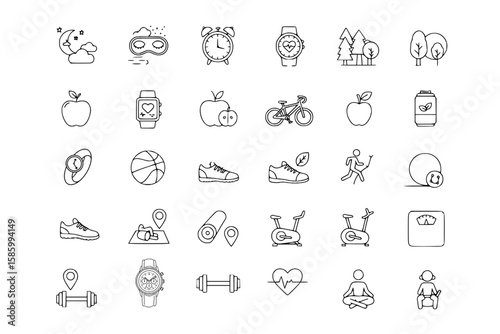 Wellness Icon Collection: An extensive collection of illustrated icons, showcasing a diverse array of elements related to health and well-being, capturing the essence of healthy living.