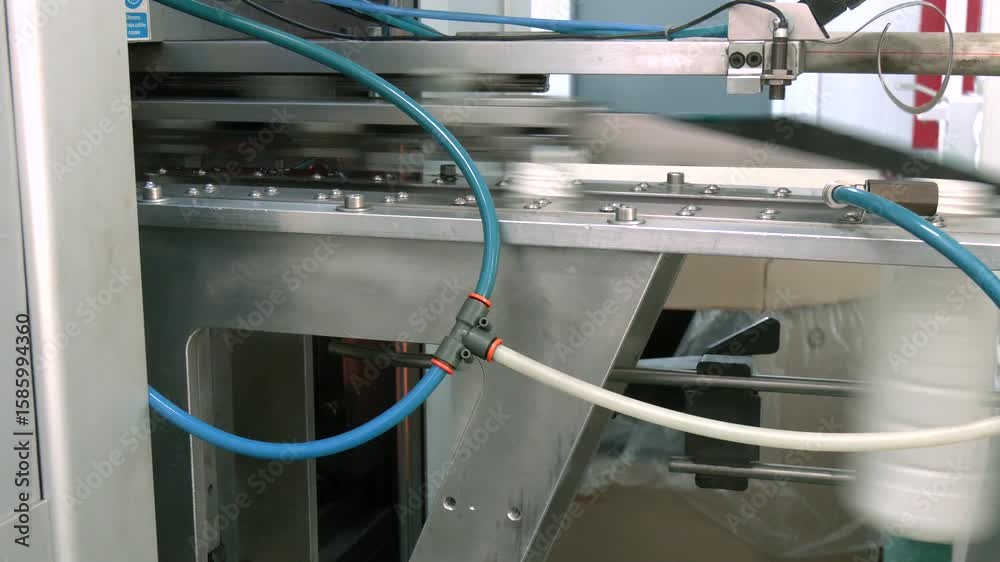 White plastic milk bottles on the conveyor on a modern dairy plant. Filling milk. Milk production line. Milk bottles on industrial conveyor. Packaging bottles line in the milk industry
White plastic milk bottles on the conveyor on a modern dairy plant. Filling milk. Milk production line. Milk bottles on industrial conveyor. Packaging bottles line in the milk industry