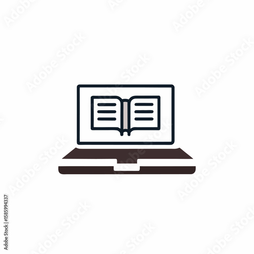 Digital learning concept with an open book on a laptop screen isolated on white background