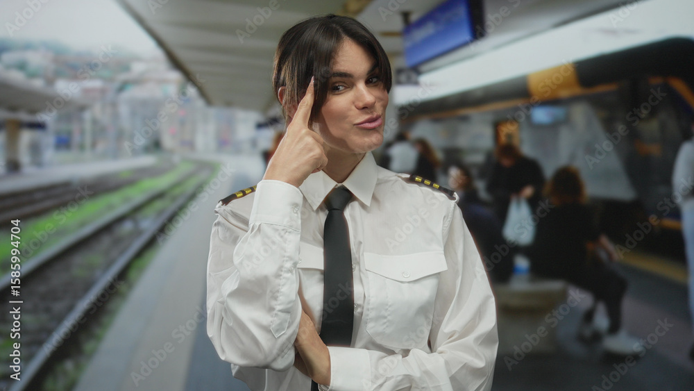 Woman pilot in uniform standing at train station, pointing to head, smiling, showcasing confidence in outdoor railway setting, surrounded by blurred commuters and modern train. Woman pilot in uniform standing at train station, pointing to head, smiling, showcasing confidence in outdoor railway setting, surrounded by blurred commuters and modern train.