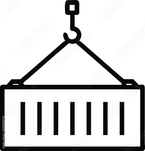 Shipping container being lifted by crane hook in simple line art style
