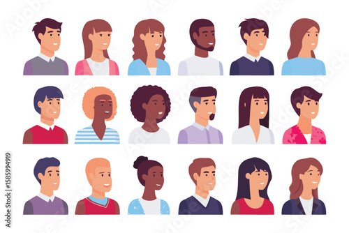 Diverse Faces: A diverse collection of individual profile portraits showcases a spectrum of human diversity, representing individuality and variety.