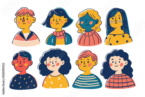 Diverse portrait set: A vibrant collection of cartoon avatars showcase an array of expressions, hairstyles, and skin tones, reflecting a celebration of individuality and uniqueness.