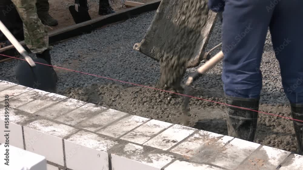 The concrete is being poured in course paving driveway at construction site on near new home. Concrete pouring during commercial concreting floors of buildings in construction