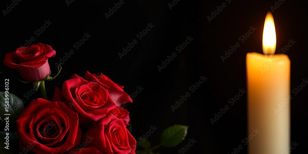 Fototapeta premium Crimson roses & flickering candlelight against deep ebony backdrop, still life, soft light