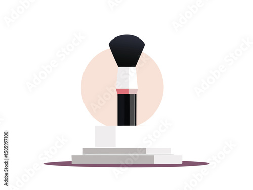 Stylish makeup brush with fluffy bristles displayed on a modern pedestal isolated on white background
