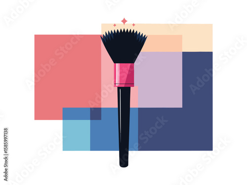 Stylized makeup brush with geometric shapes and sparkling accents isolated on white background
