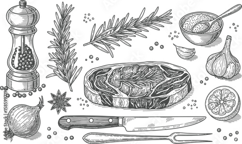 Raw steak with fresh ingredients drawing in vintage style