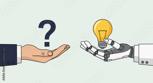A human hand poses a question while a robotic hand offers a brilliant lightbulb idea, symbolizing artificial intelligence providing innovative solutions.