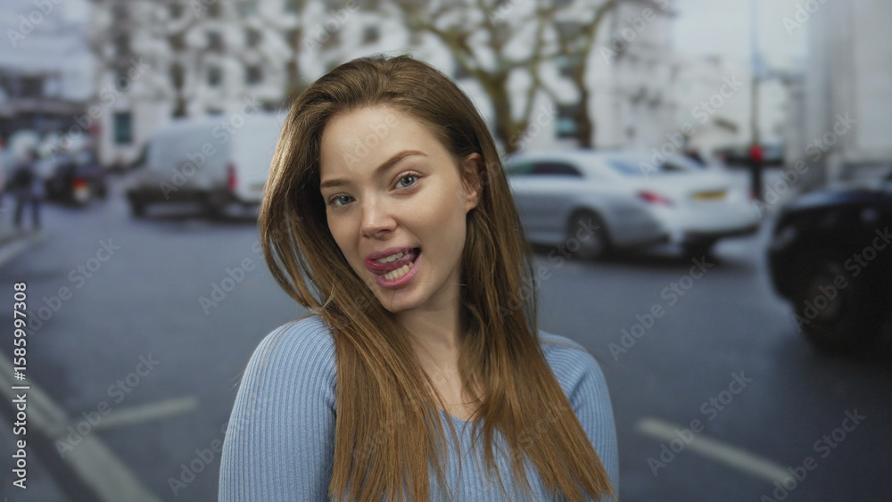 Fototapeta premium Young brunette woman in blue sweater sticks tongue out on busy street amid moving cars; playful mischief.