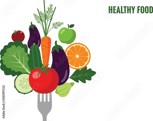 Fresh vegetables and fruits creatively arranged on a fork symbolize healthy eating.
