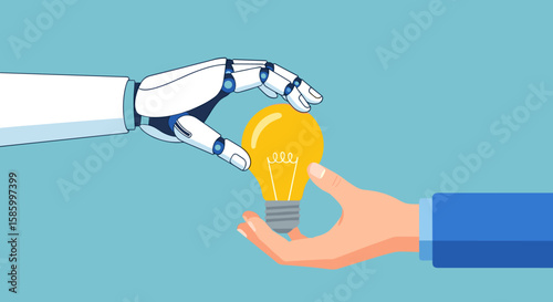 A robotic hand offers a glowing lightbulb to a human hand, symbolizing the intersection of artificial intelligence and human creativity on a blue background.