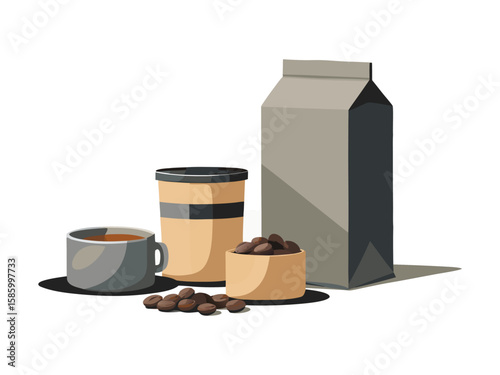 A cup of coffee coffee beans and a coffee bag isolated on white background
