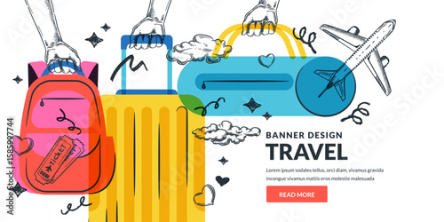 Travel, tourism and summer vacation banner design. Vector sketch illustration of hands holding suitcase, ticket, plane