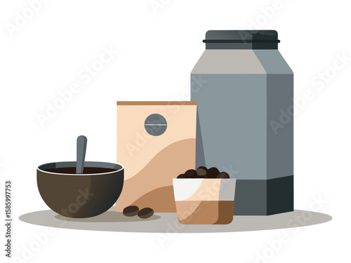 Coffee beans cup of coffee and milk carton arranged together isolated on white background
