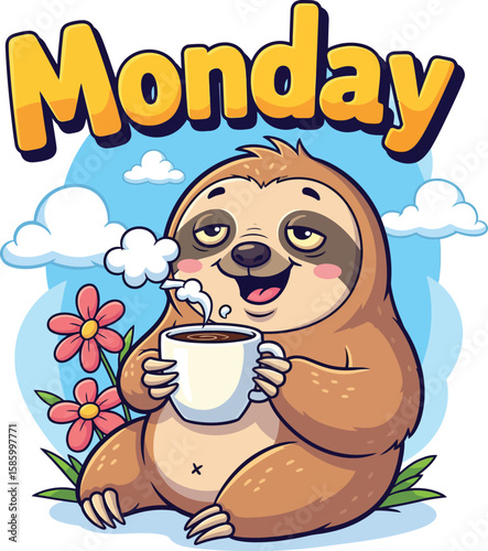 Happy Cartoon Sloth Sipping Coffee - Humorous Monday Clipart