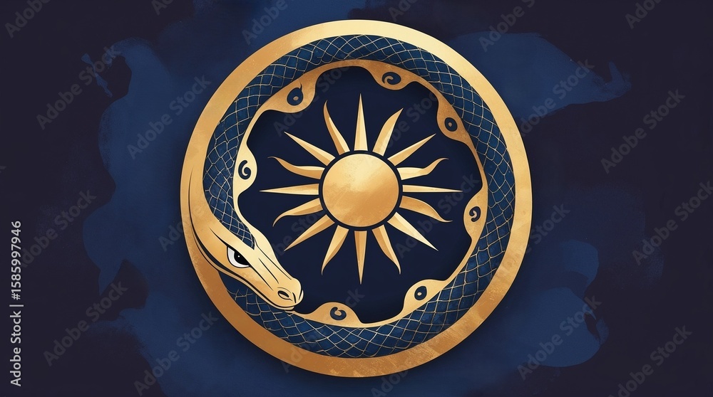 Obraz premium Ouroboros snake eating its tail surrounding a golden sun on a dark background