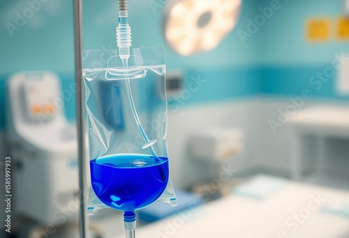 Intravenous drip bag, blue fluid, medical setting, empty space, background, sensitive
