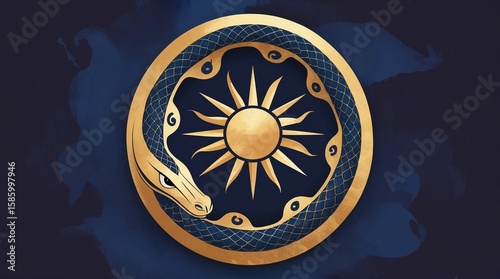 Ouroboros snake eating its tail surrounding a golden sun on a dark background