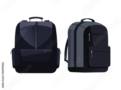 Two modern dark gray backpacks shown from front and side views isolated on white background
