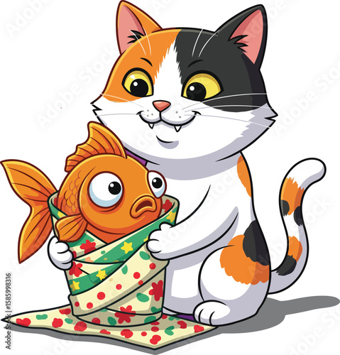 A playful cartoon cat gently embraces a surprised goldfish wrapped in a festive blanket