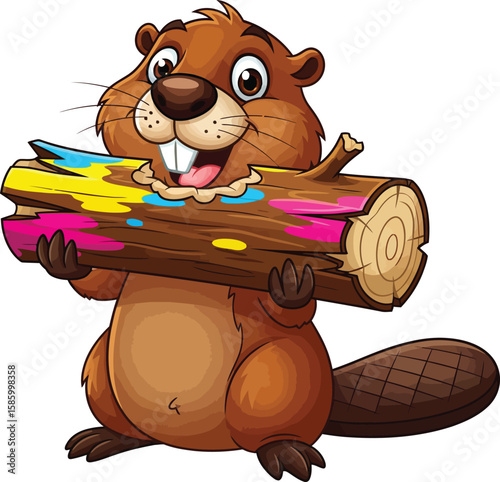 A playful cartoon beaver proudly carrying  colorful paint-splattered log