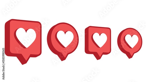 Clean Red and White Isometric Heart Icons: Social Media Like Buttons, Growing in Size, Simple Design, Modern Style, Positive Mood.