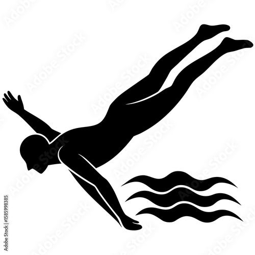 Black silhouette of a diver entering water swimming