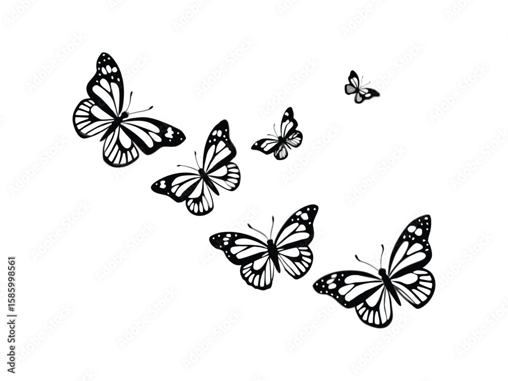 Fototapeta premium A group of black and white butterflies flying in different directions isolated on white background 