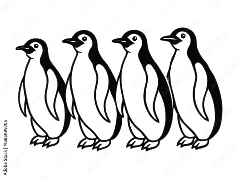 Fototapeta premium Four cute cartoon penguins standing together in a row isolated on white background 