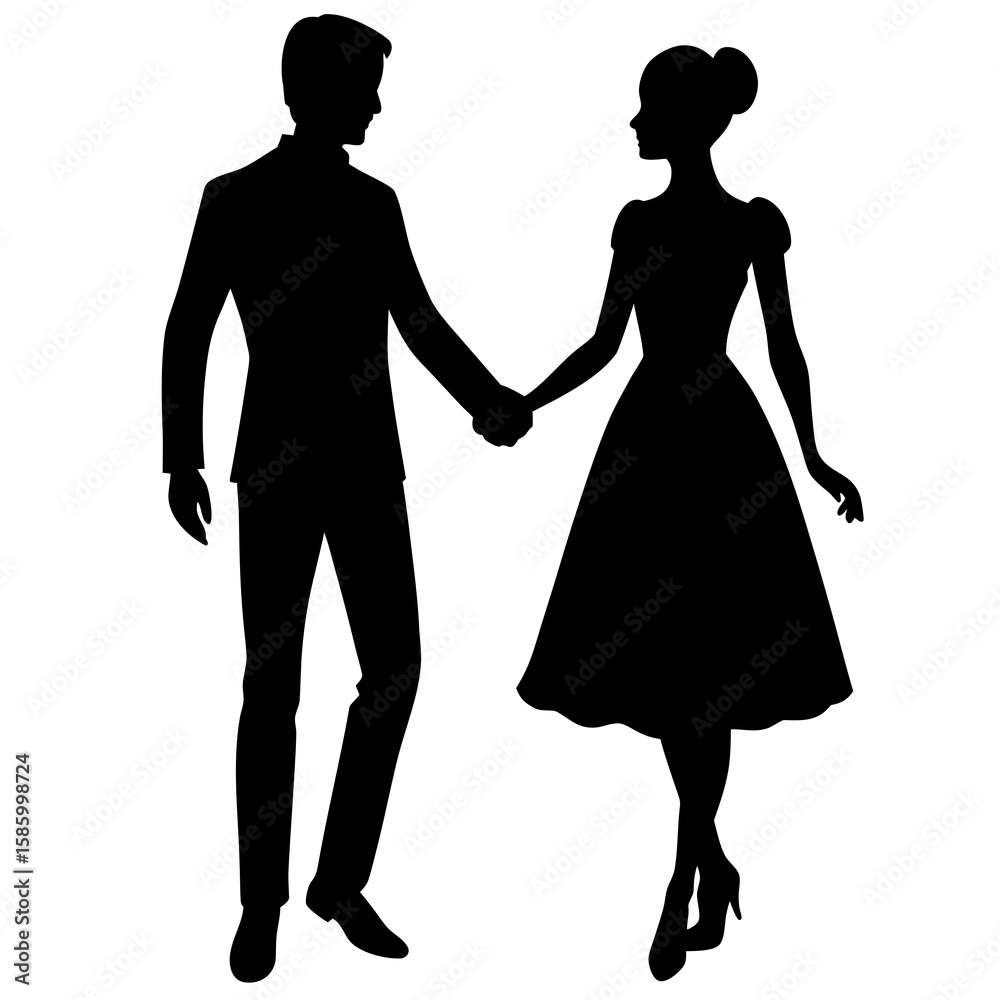 Couple holding hands elegant attire silhouette woman Couple holding hands elegant attire silhouette woman