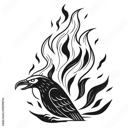 Stylized black and white illustration of a bird engulfed in swirling flames representing passion and transformation