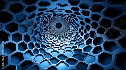 Blue futuristic honeycomb tunnel converging to central point

