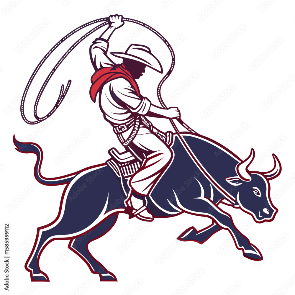 Obraz premium Traditional Mexican Cowboy Riding a Bull with Lasso in Dynamic Motion Highlighting Hispanic Cultural Heritage and Rodeo Skills
