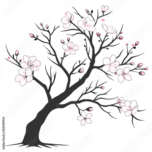 Elegant Illustration of a Blossom Tree with Delicate Pink Flowers and Twisting Branches on a White Background