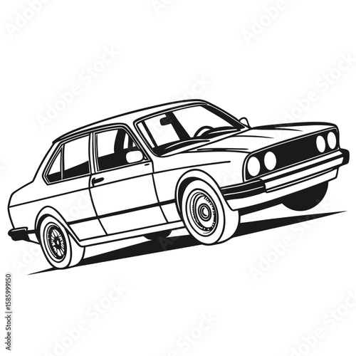 Classic vintage sedan vehicle line art illustration showcasing timeless automotive design from the rear and side perspective in black and white