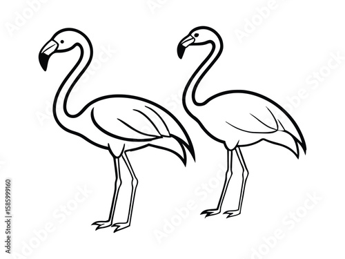 Two stylized black outline flamingos standing side by side isolated on white background
