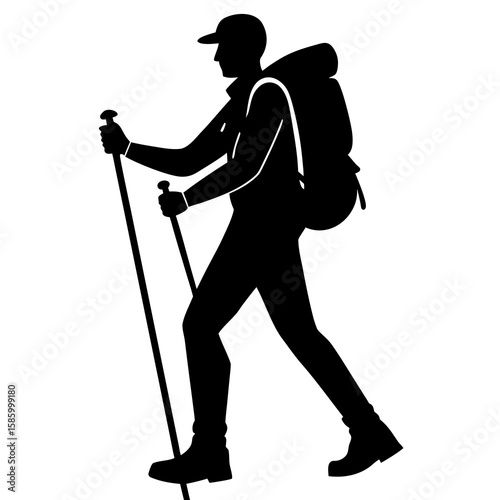 Hiker with backpack and poles trekking poles walking
