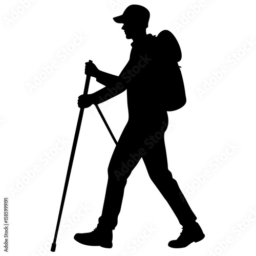 Hiker with backpack and walking stick silhouette person
