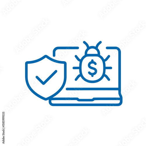 Computer security icon with shield, bug, and dollar symbol illustration  