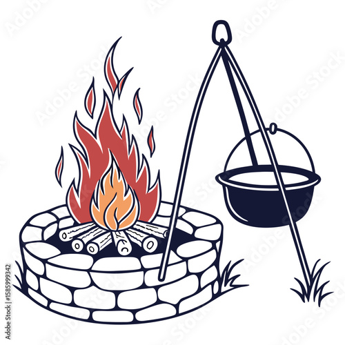Illustration of a traditional outdoor fire pit with logs burning and a balanced pot hanger for cooking or ritual use in a rustic setting