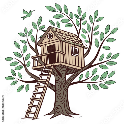 Whimsical Treehouse Nestled Among Green Foliage with Wooden Construction and Ladder for Exploration