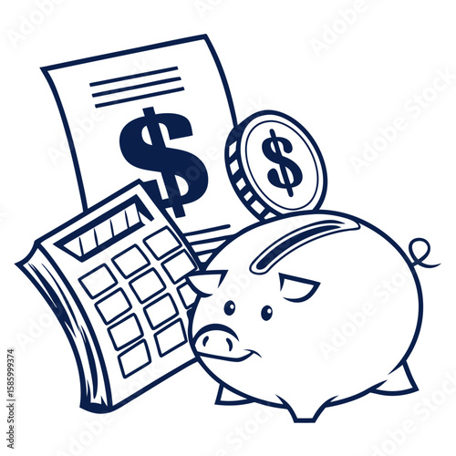Financial Planning Concept Featuring a Calculator Document Coin and Piggy Bank in a Minimalist Style for Budgeting and Savings Strategies