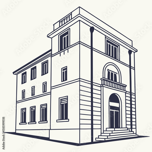 Elegant historic building with classic architectural elements featuring arched windows and a prominent entrance in a simplified vector illustration