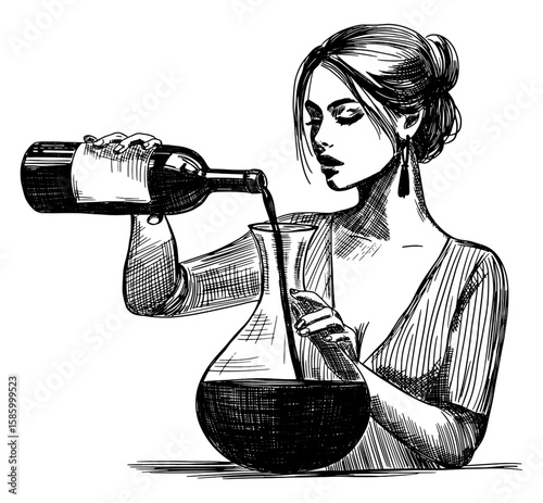woman pouring wine from bottle into decanter isolated hand drawn sketch illustration black white line art detailed vector illustration