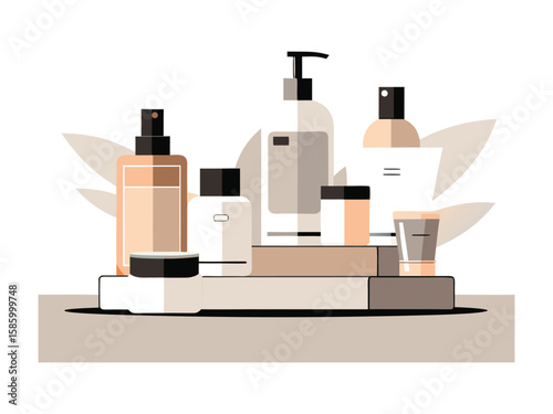 Collection of modern skincare bottles and jars arranged aesthetically isolated on white background
