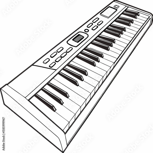 Minimalist line drawing of an electronic musical keyboard synthesizer with a sleek modern design suitable for music production and entertainment